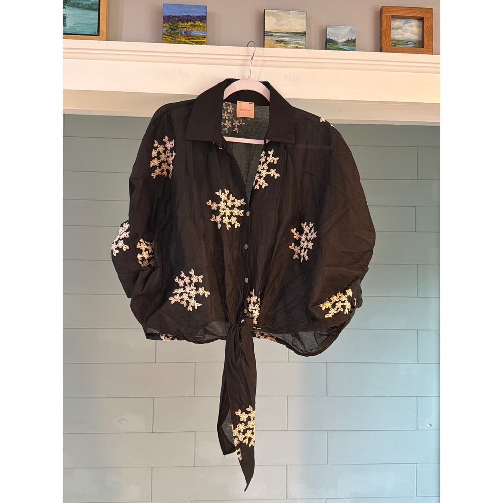Zeta Otto Black Embroidered Floral Tie Front Button Down Sheer Boho Shirt